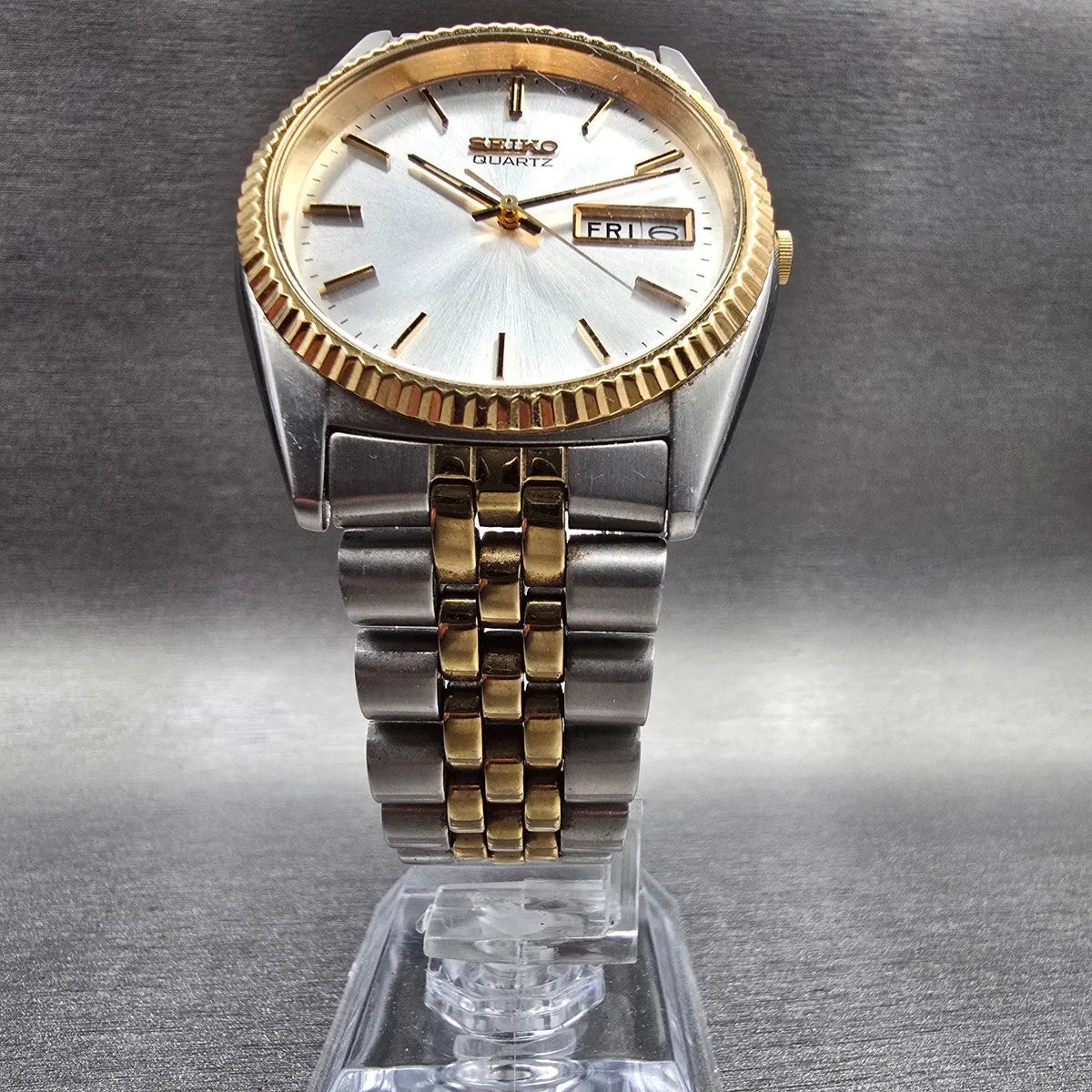 Seiko President Watch Men 35mm Silver Dial Two Tone Daydate 7N43-8111 New Batt7