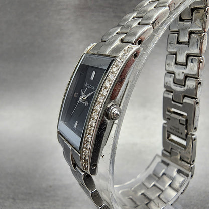 Bulova Tank Watch Women 18mm Black Dial Steel Crystals Rectangle New Battery2