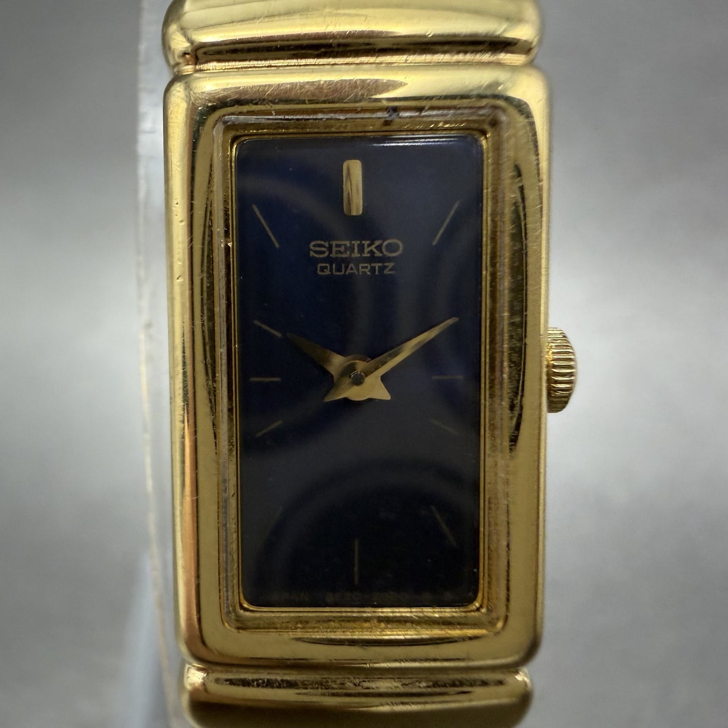 Seiko Tank Watch Women 13mm Blue Dial Gold Tone Rectangle 2E20-6759 New Batt ABC1