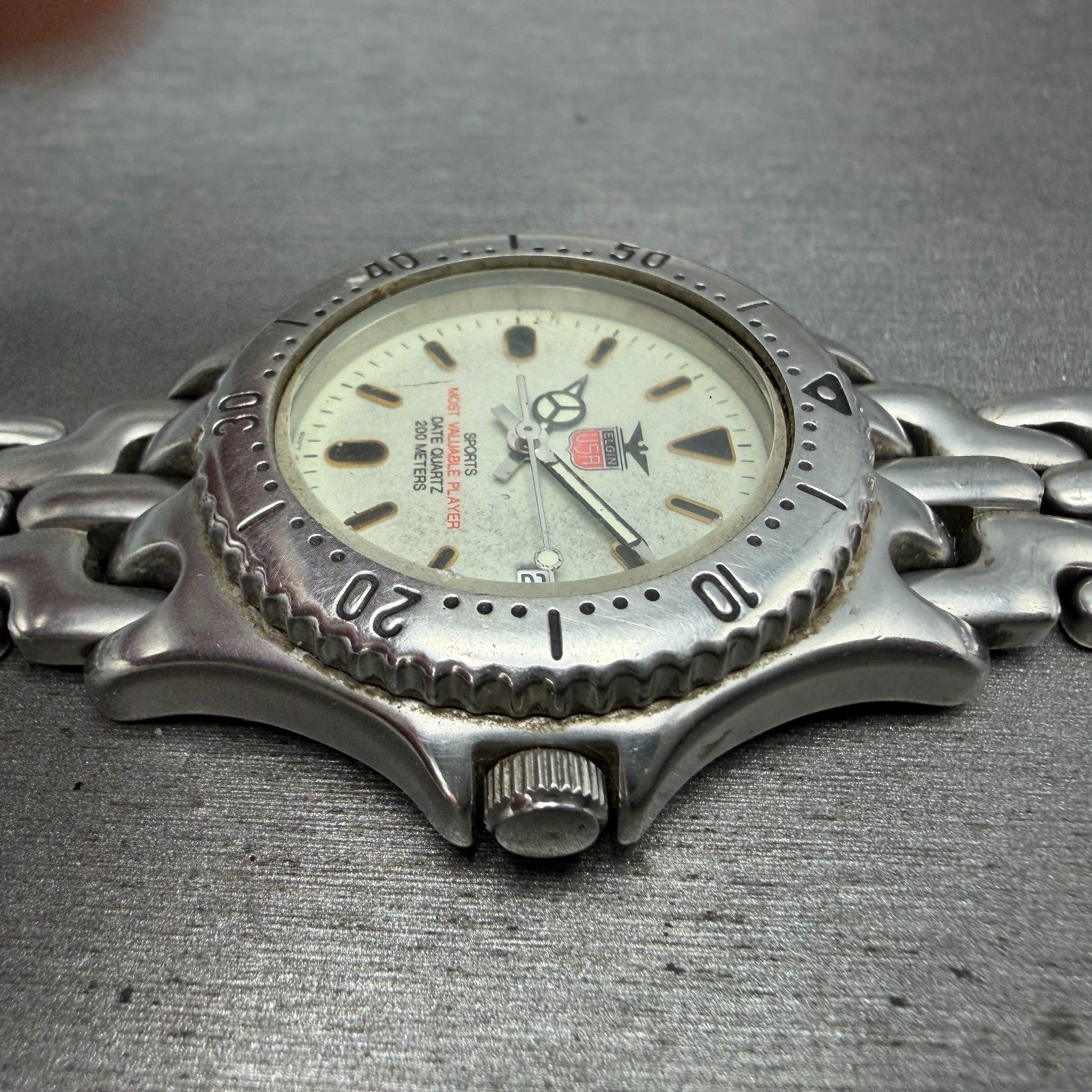 Elgin Dive Watch Men 37mm Gray Dial Silver Tone Date Round FK-592 New Battery3