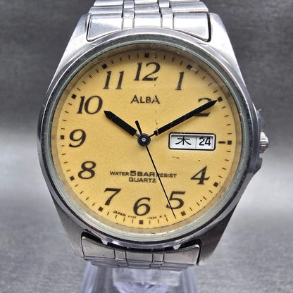 Seiko Alba Watch Men 34mm Yellow Dial Silver Tone Daydate V733-7A00 New Battery1