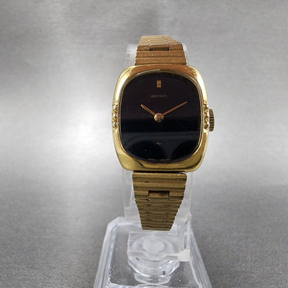 Seiko Tank Watch Women 18mm Black Dial Gold Tone Manual 114750 Runs5