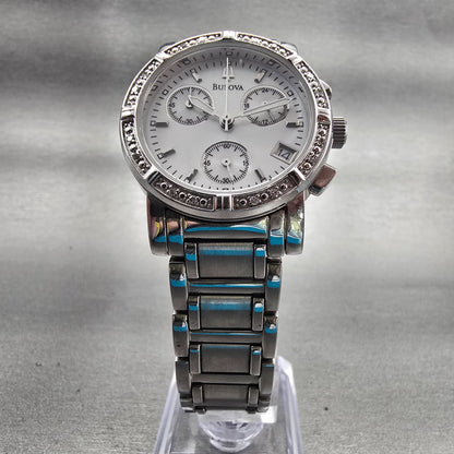 Bulova Chronograph Watch Women 30mm Silver Dial Silver Date 96R19 New Battery5