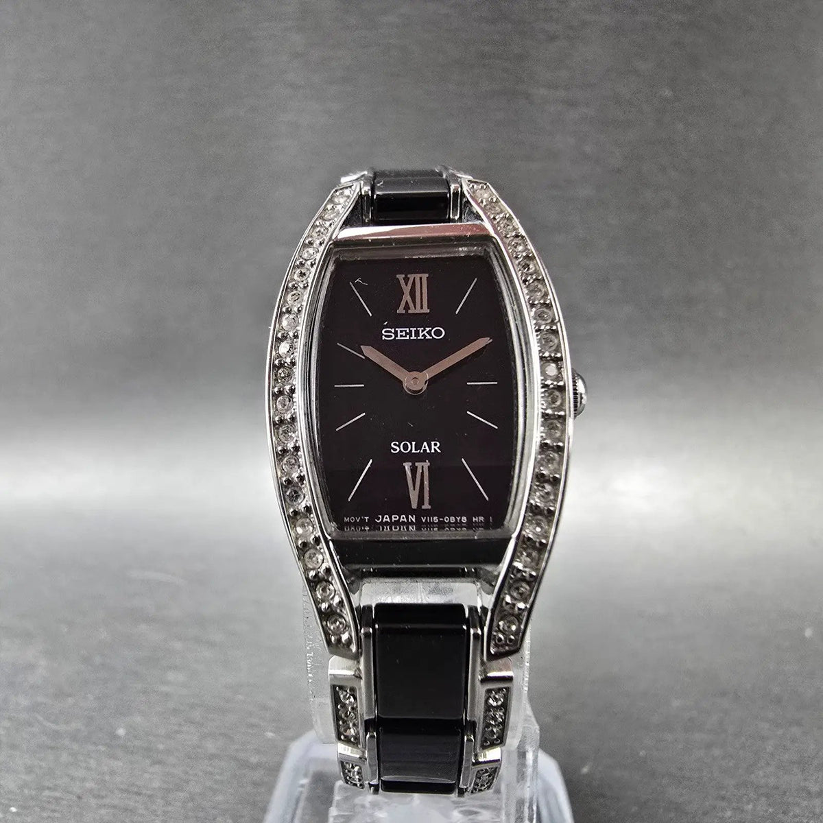 Seiko Solar Watch Women 19mm Black Dial Black Silver Crystal Bezel V115-0AY05
