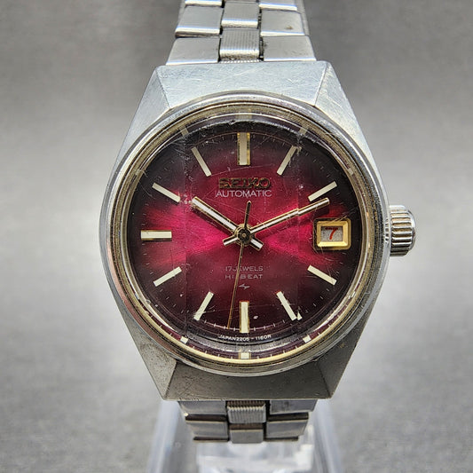 Seiko Automatic Watch Women 24mm Red Dial Silver Tone Date 2205-0679 Runs