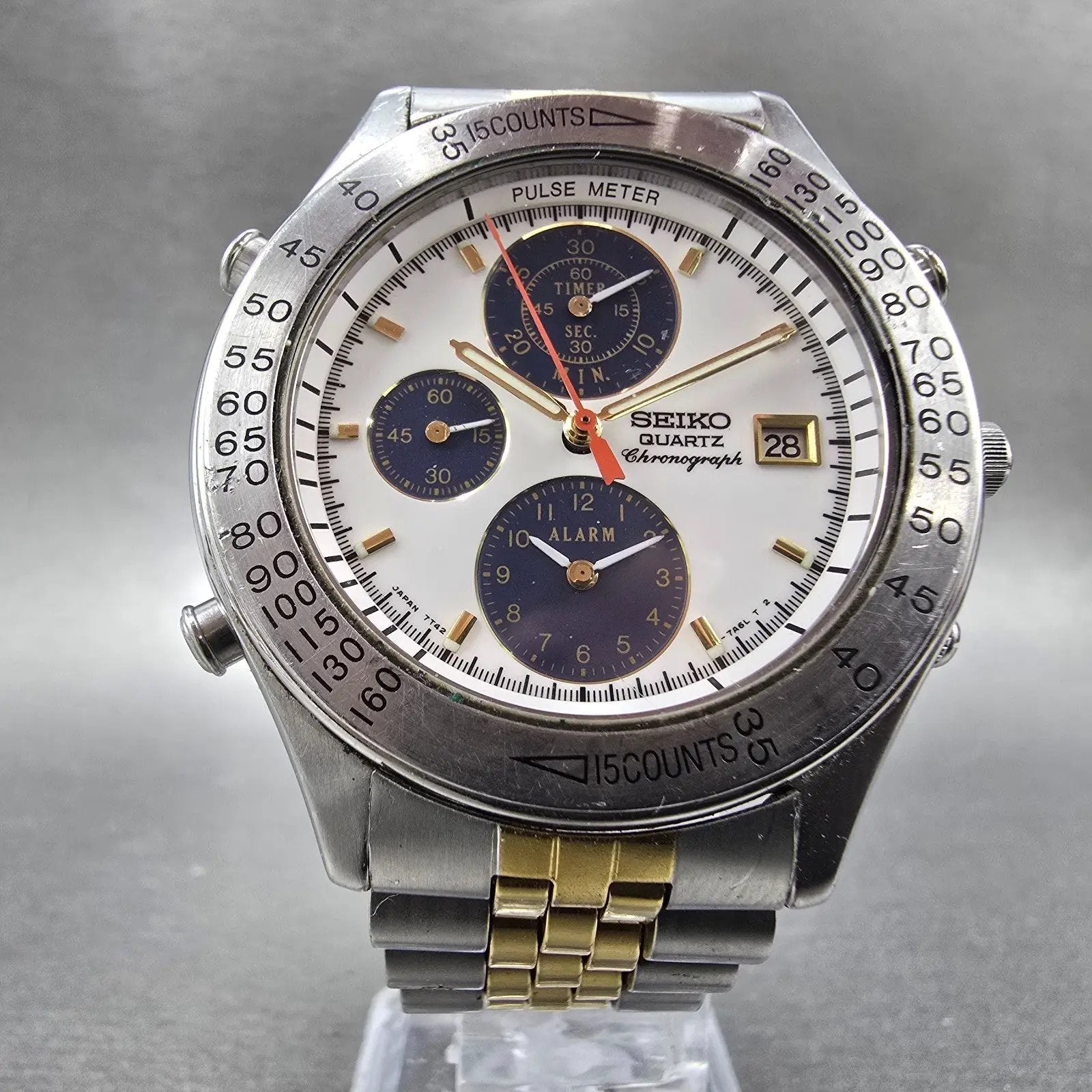 Seiko Chronograph Watch Men 40mm White Dial Two Tone Alarm Date 7T42-7A40 PARTS6