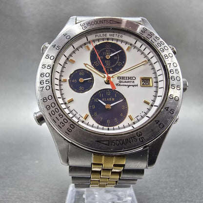 Seiko Chronograph Watch Men 40mm White Dial Two Tone Alarm Date 7T42-7A40 PARTS6