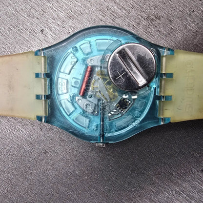 Swatch Color the Sky Watch Women 34mm Red Dial Blue Case Round GS124 New Battery11
