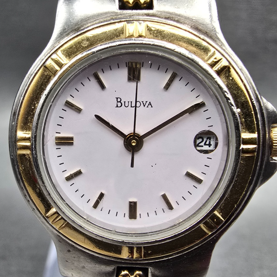 Bulova Watch Women 25mm Pink Dial Two Tone Date Round New Battery VTG1