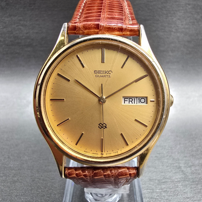 Seiko SQ Watch Men 33mm Gold Dial Gold Tone Daydate Round 5Y23-7079 New Batt JP0