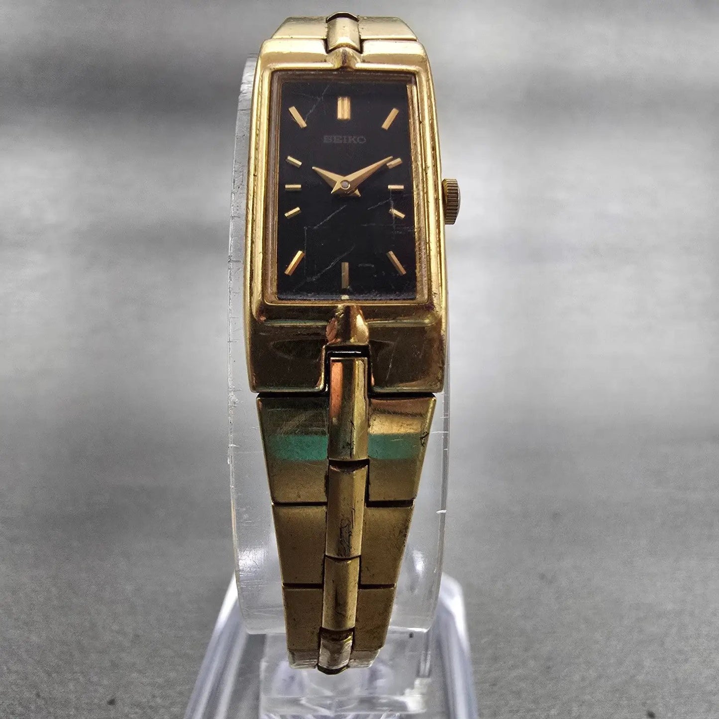Seiko Watch Women 13mm Black Dial Gold Tone Rectangle 2E20-7479 New Battery VTG5