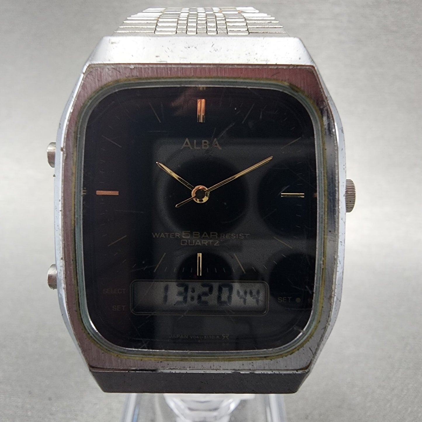 Seiko ALBA Analog Digital Watch Men 30mm Black Dial Silver Tone V041-5120 NewBat