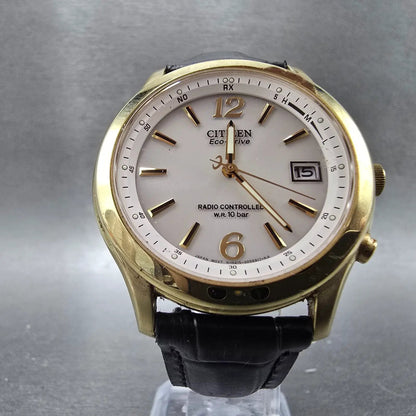 Citizen Eco-Drive Watch Men 39mm Cream Dial Gold Atomic Date H415 PARTS!!!!6