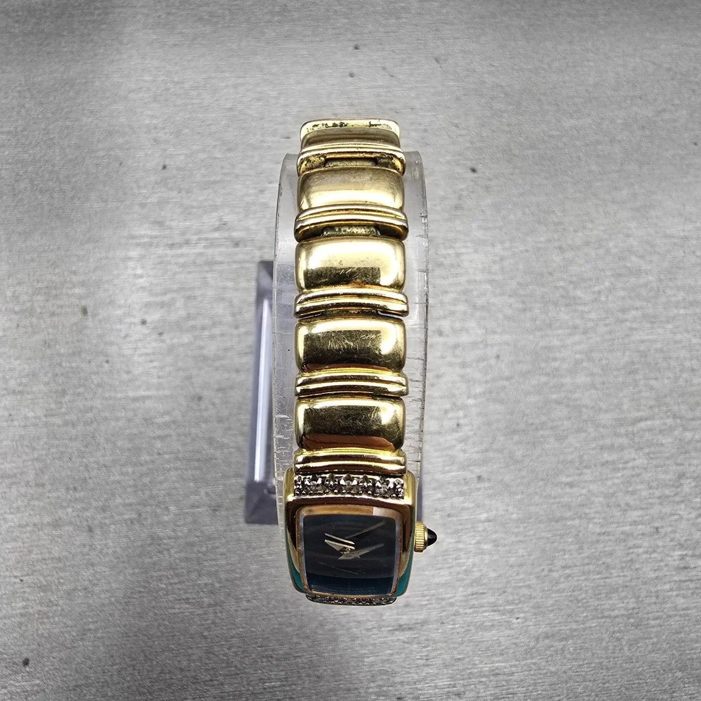 Seiko Watch Women 13mm Black Dial Gold Tone Gemmed Rectangle 2E20-6929 New Batt4