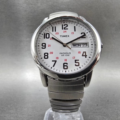 Timex Easy Reader Watch Men 35mm White Dial Silver Tone Daydate T20461 New BattK5