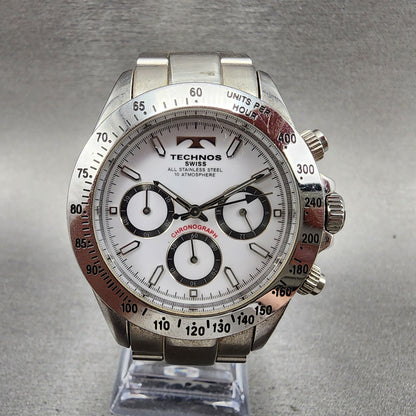 Technos Chronograph Watch Men 39mm White Dial Steel Round TGM615 New Battery