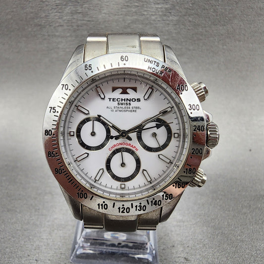 Technos Chronograph Watch Men 39mm White Dial Steel Round TGM615 New Battery