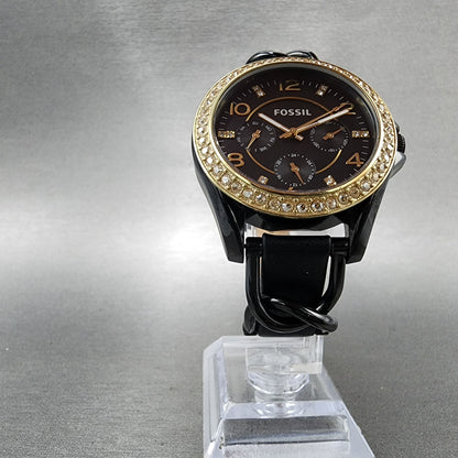 Fossil Riley Watch Women 39mm Black Dial Black Tone Daydate Round ES3696 New Bat5