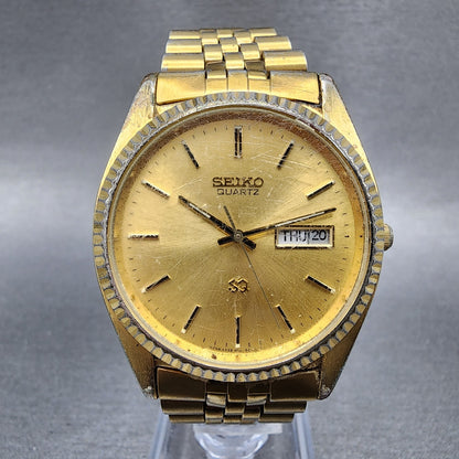 Seiko SQ Watch 37mm Men Gold Dial Gold Tone Daydate Round 5y238a68 New Battery0