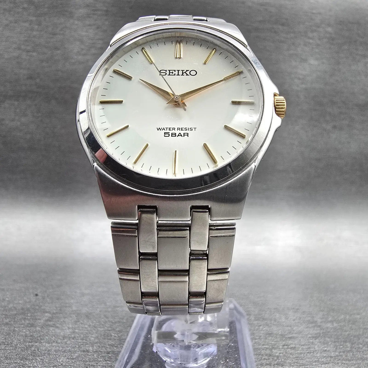 Seiko Watch Men 34mm White Dial Silver Round 7N01-0DM0 New Battery Bracelet JDM5