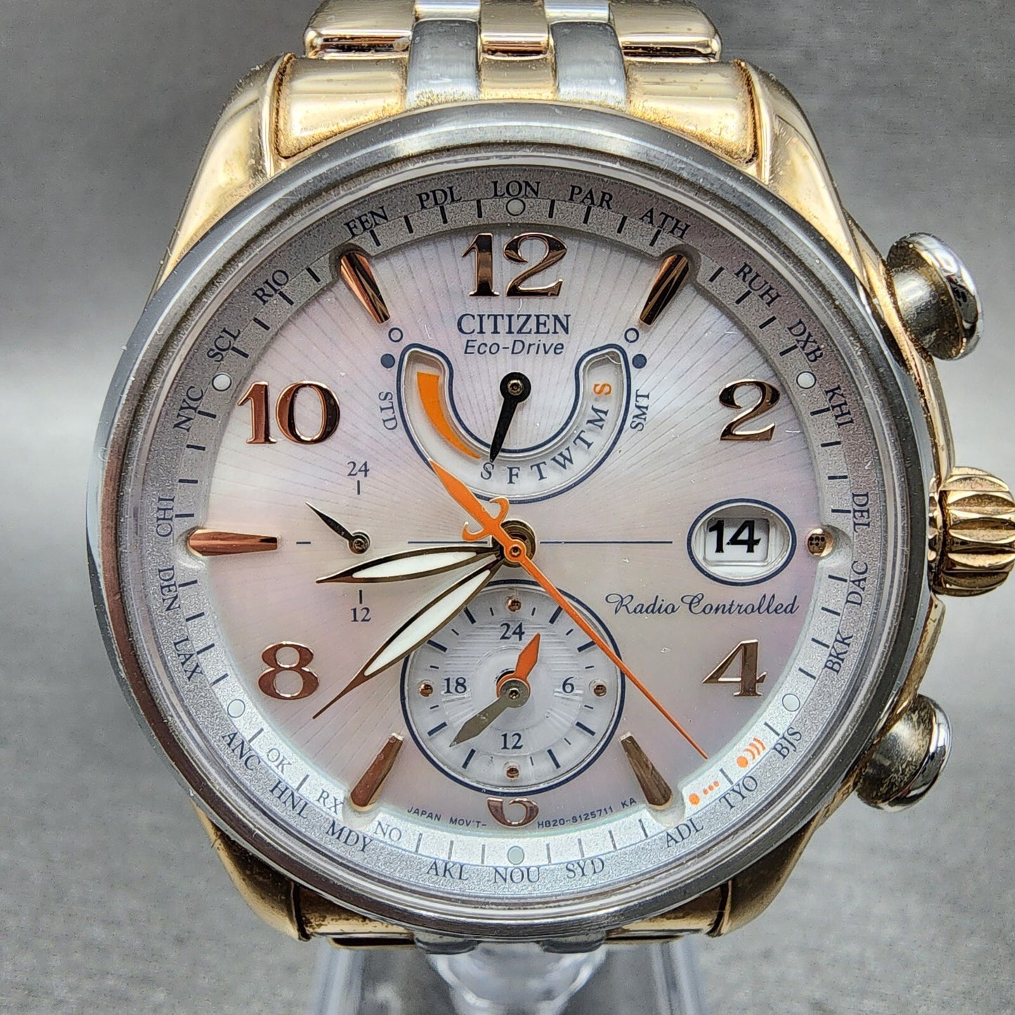 Citizen EcoDrive World Time Watch Women 41mm MOP Dial Two Tone Date Works1