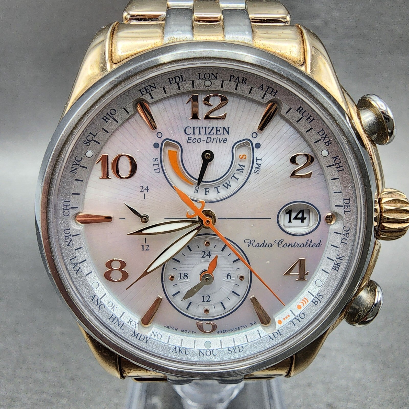Citizen EcoDrive World Time Watch Women 41mm MOP Dial Two Tone Date Works1