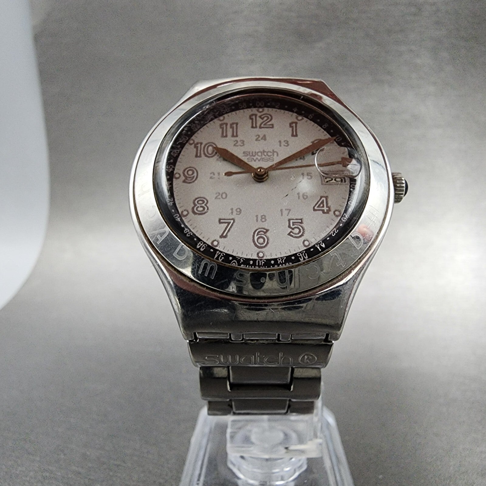 Swatch Irony Happy Joe Watch Men 37mm Gray Dial Steel Date Round New Battery5
