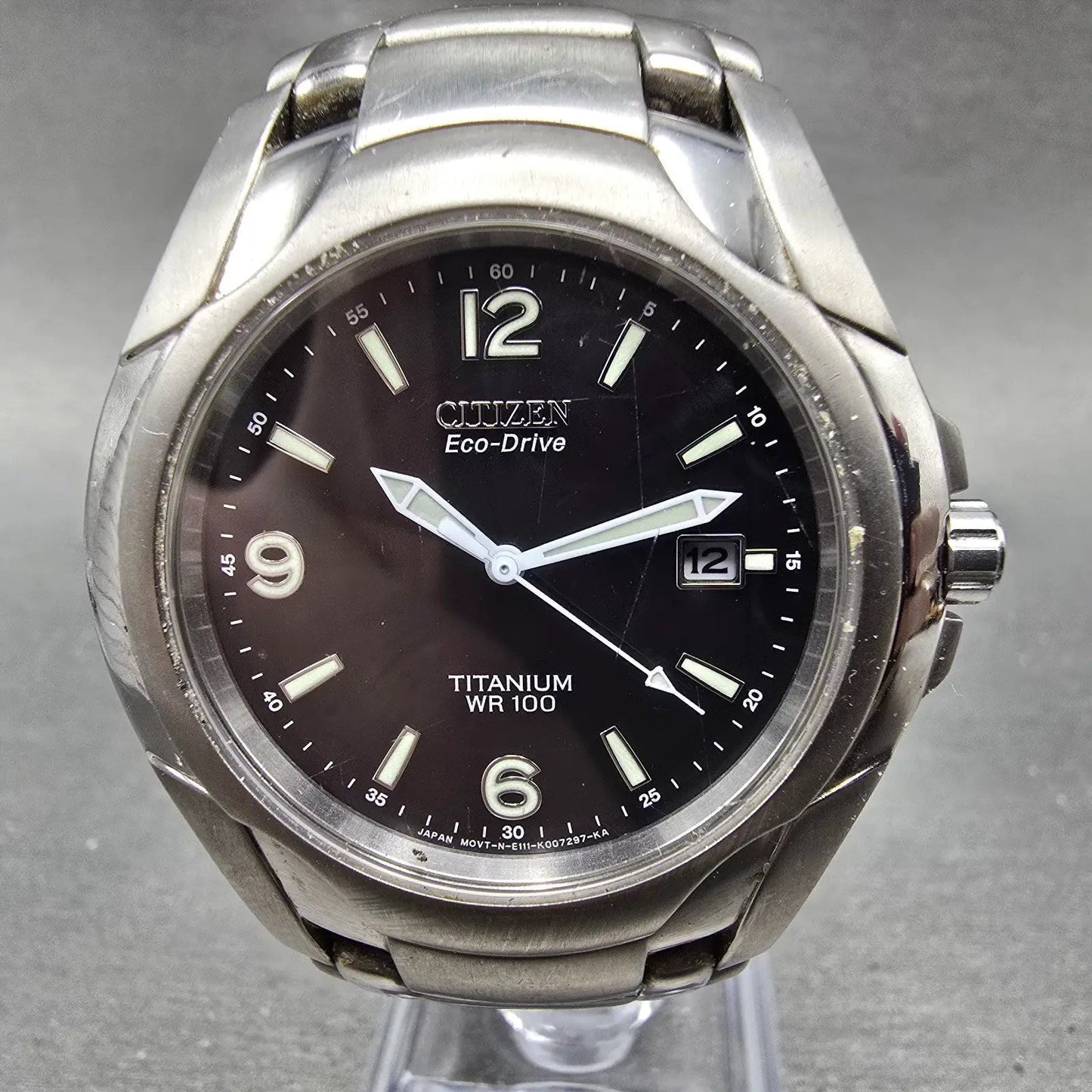 Citizen Eco-Drive Watch Men 41mm Black Dial Titanium Date E111-K006368 Runs AB0