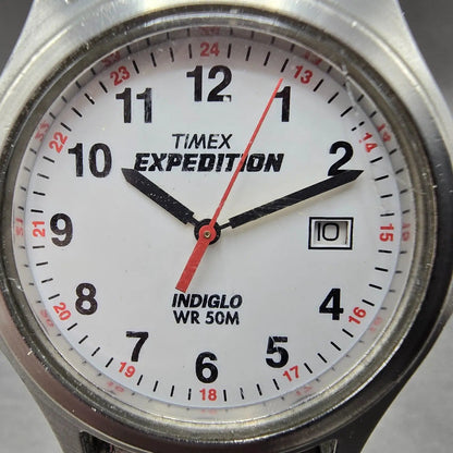 Timex Expedition Watch Men 38mm White Dial Silver Date Round New Battery Indiglo1