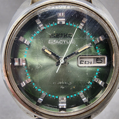 Seiko 5Actus Watch Men 37mm Green Dial Silver Tone Daydate 7019-7210 Runs READ!!