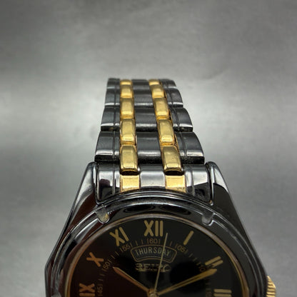 Seiko Watch Men 35mm Black Dial Black & Gold Tone Daydate V733-6C49 New Battery24