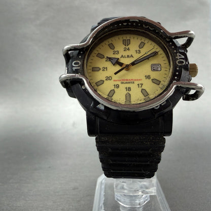 Seiko ALBA Dive Watch Men 38mm Cream Dial Black Tone Date Round V532-6C20 NewBat5