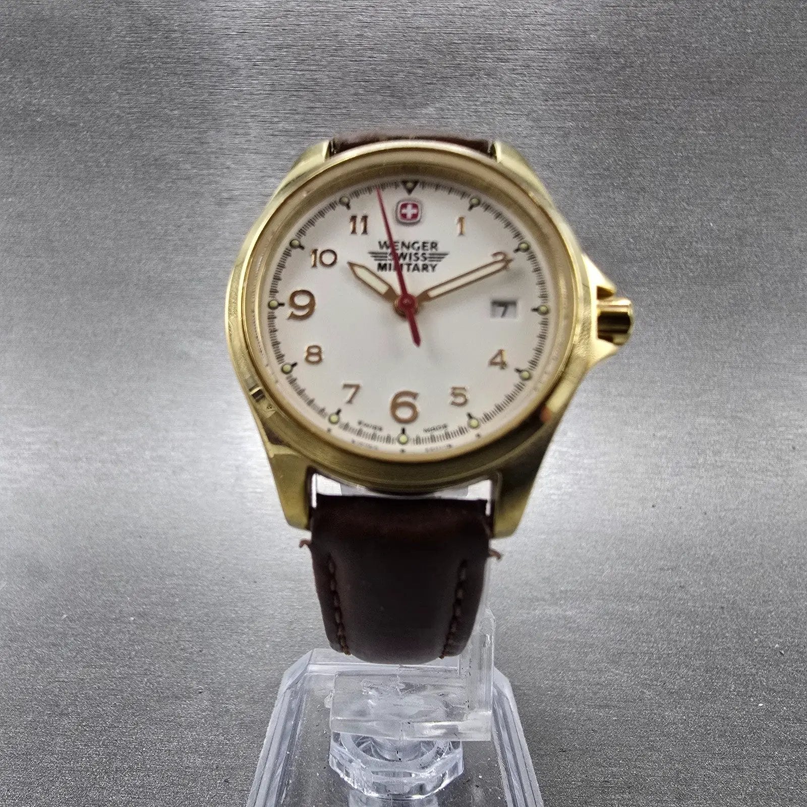 Wenger Swiss Military Watch Women 28mm White Dial Gold Tone Date 79240 New BattL5