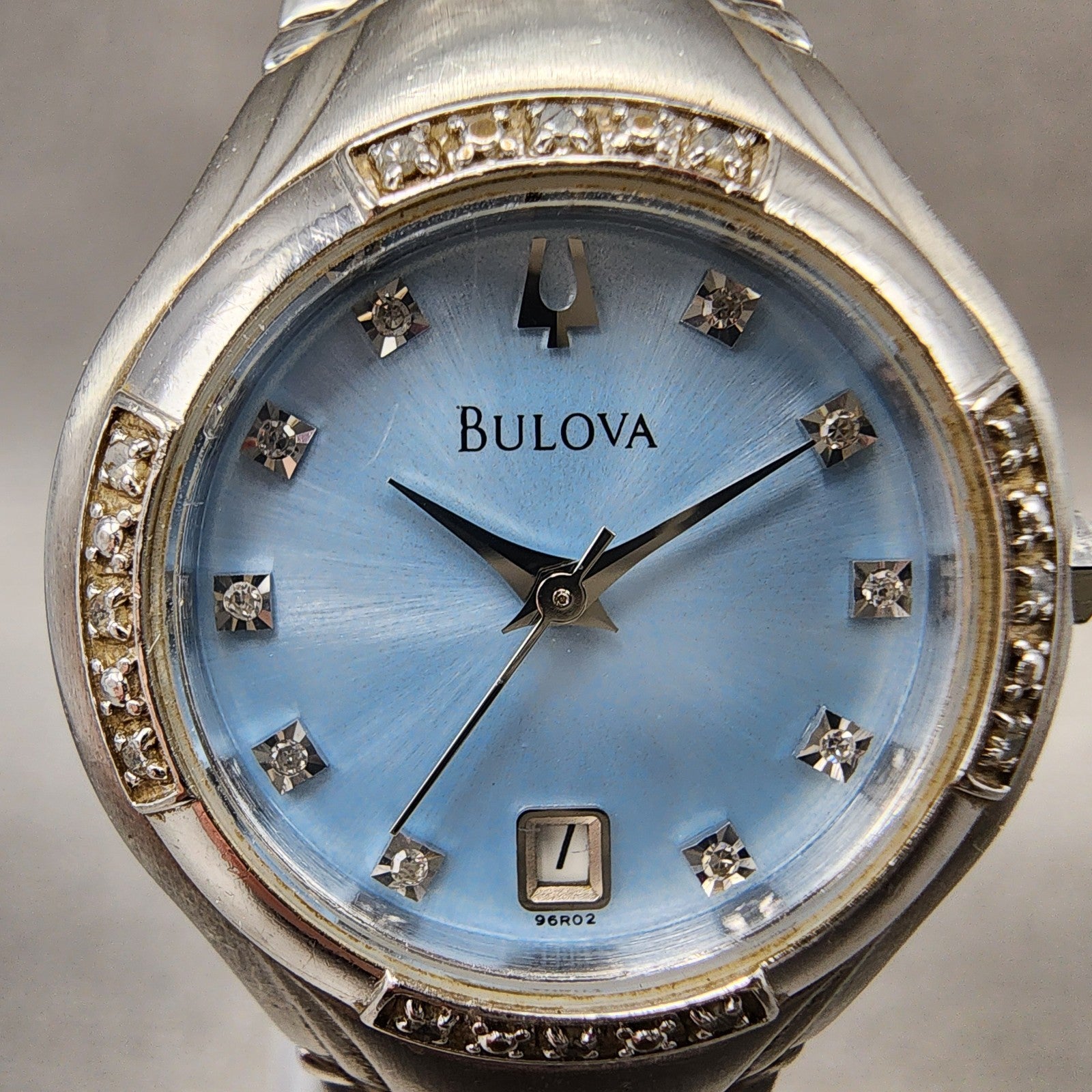 Bulova Watch Women 26mm Blue Dial Steel Diamond Date Round 96R02 New Battery1