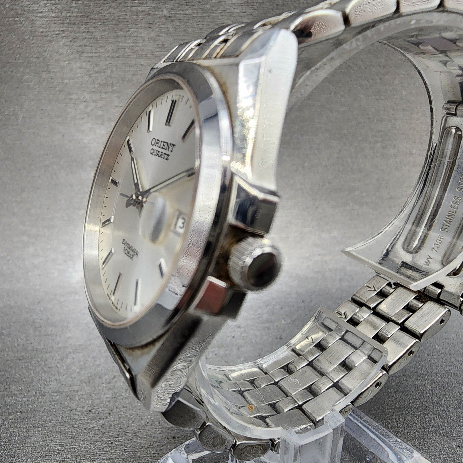 Orient Swimmer Watch Men 36mm Silver Dial Silver Tone Date Round READ New Batt2