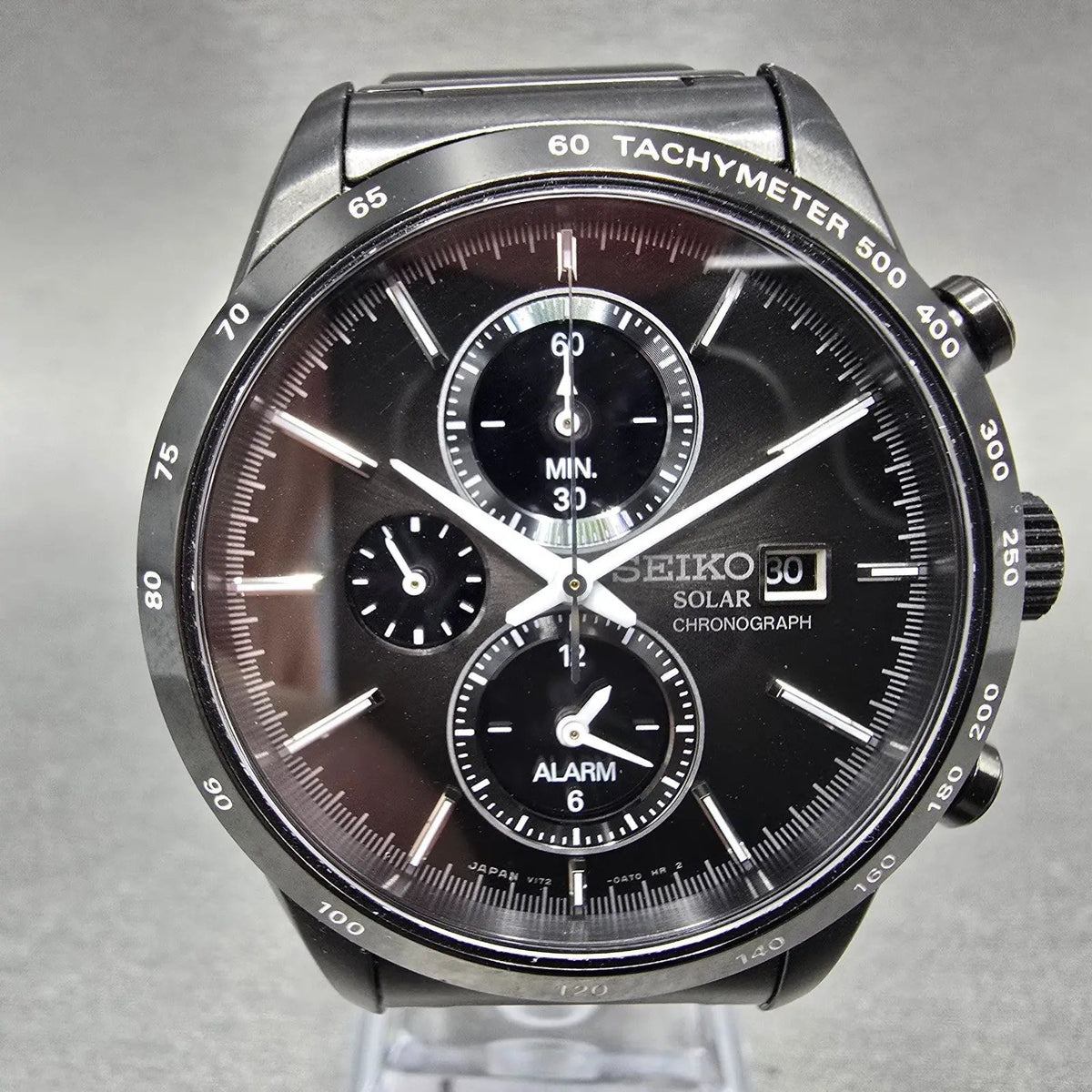 Seiko Spirit Chronograph Watch Men 41mm Black Dial Black Date Solar Alarm Works0
