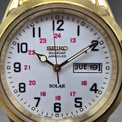 Seiko Railroad Approved Watch Men 37mm White Dial Gold Solar Daydate V158-0AB01