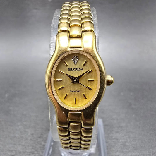 Elgin Watch Women 17mm Gold Dial Gold Tone Oval Bracelet EL 320 New Battery0