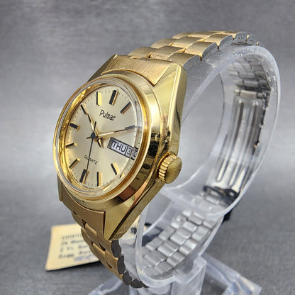 Pulsar President Watch Women 24mm Gold Dial Gold Tone Daydate Round NewBat NOS A3