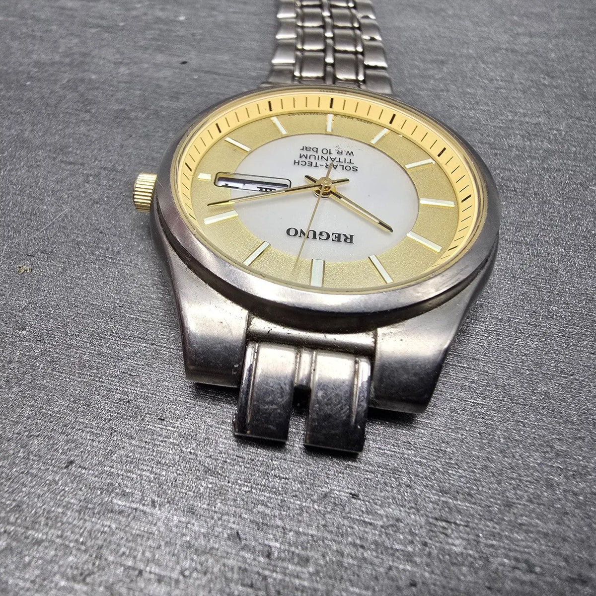 Citizen Reguno Solar Watch Men 34mm Champagne Dial Titanium Daydate Runs READ!!!4
