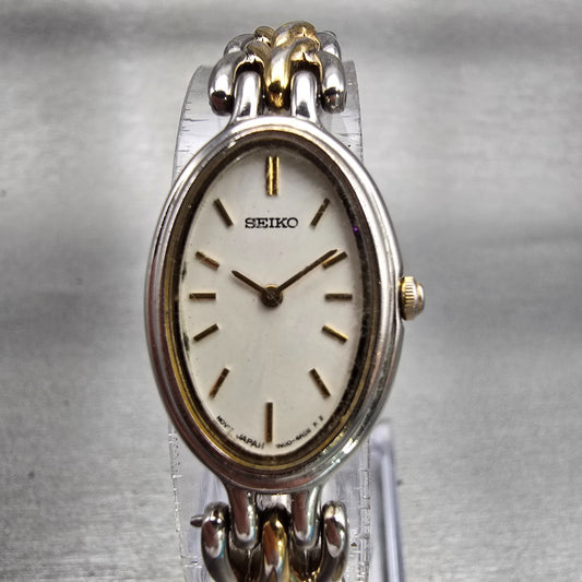 Seiko Watch Women 17mm White Dial Two Tone Oval 1N00-6G49 New Battery Vintage0