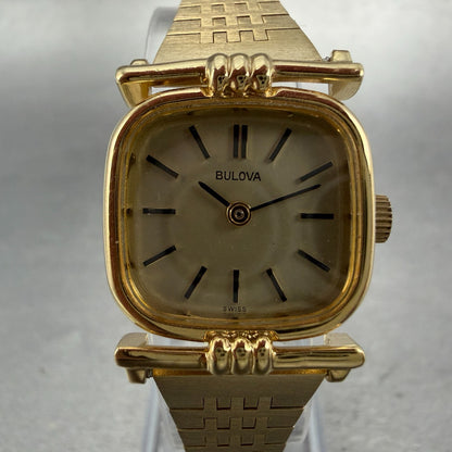 Bulova Watch Women 20mm Champagne Dial Gold Tone Rectangle Manual 7N07-001A Runs1