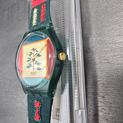 Swatch Poncho Watch Men 34mm Cream Dial Green Case GM122 New Battery NOS4