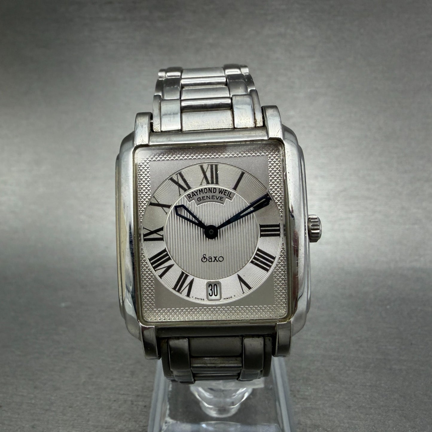 Raymond Weil Saxo Tank Watch Men 30mm Silver Dial Steel Date 9110 New Battery1