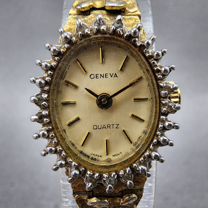 Geneva Watch Women 15mm Champagne Dial Gold Tone Oval New Battery Vintage0