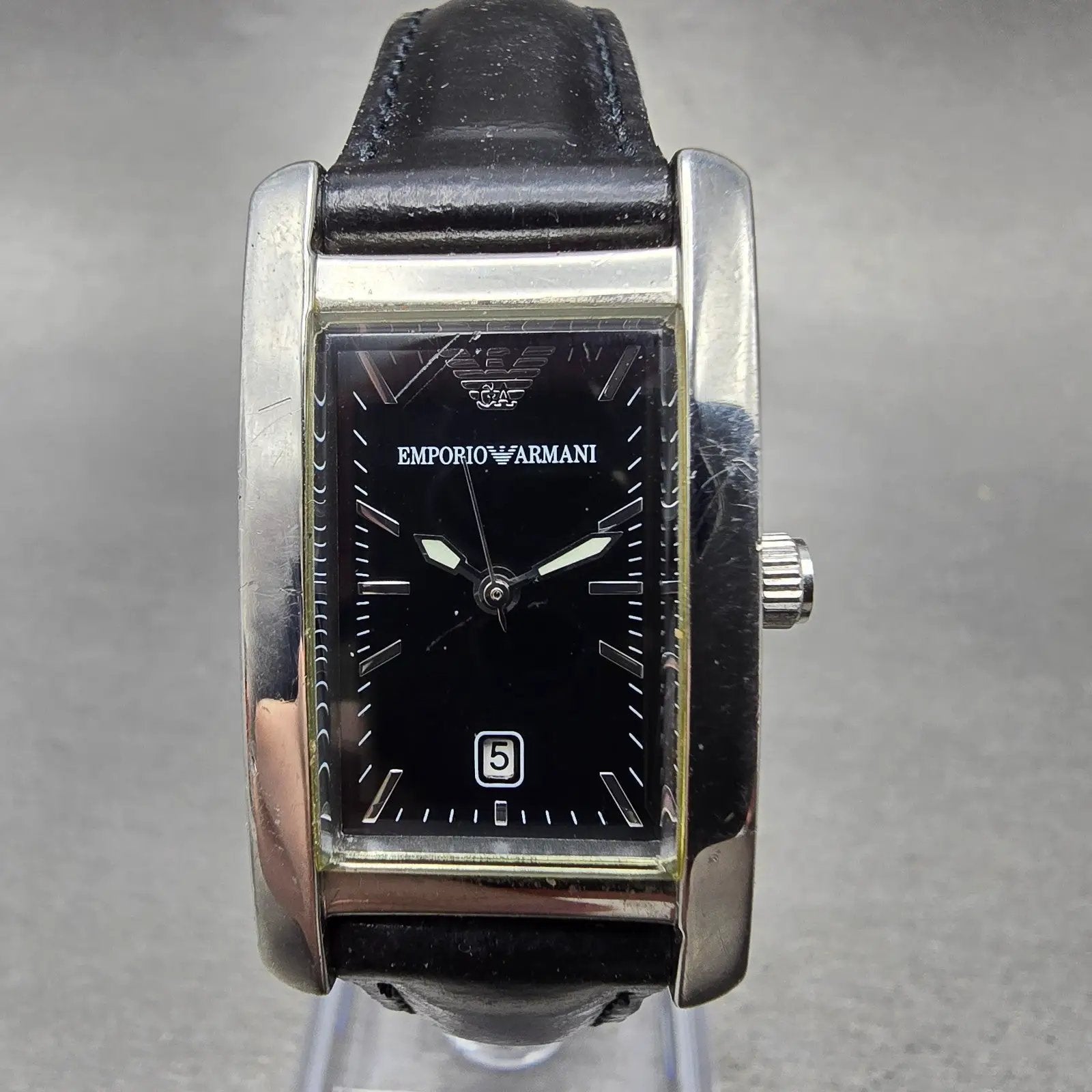 Emporio Armani Tank Watch Women 20mm Black Dial Steel Date AR-0122 New Battery0