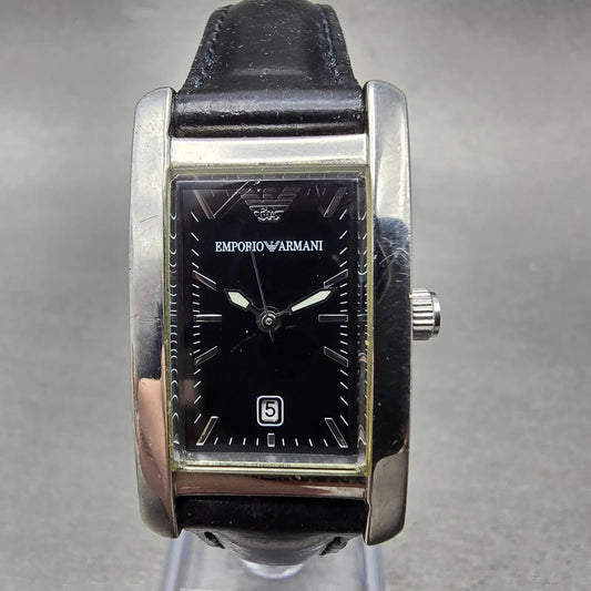 Emporio Armani Tank Watch Women 20mm Black Dial Steel Date AR-0122 New Battery0