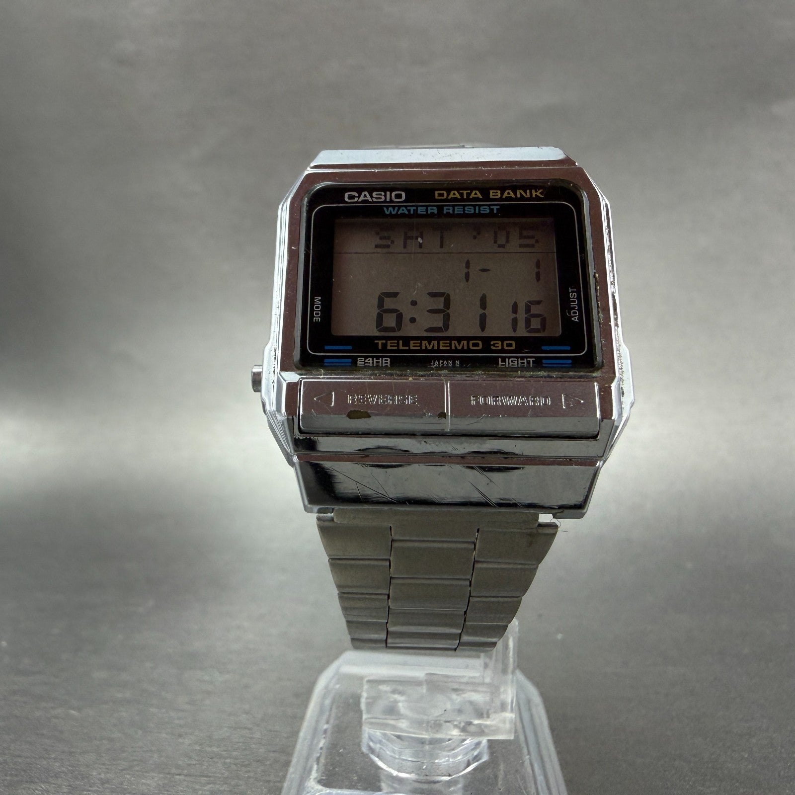 Casio Data Bank DB-300 Watch Men 32mm Digital Silver Tone Alarm Chrono New Batt5