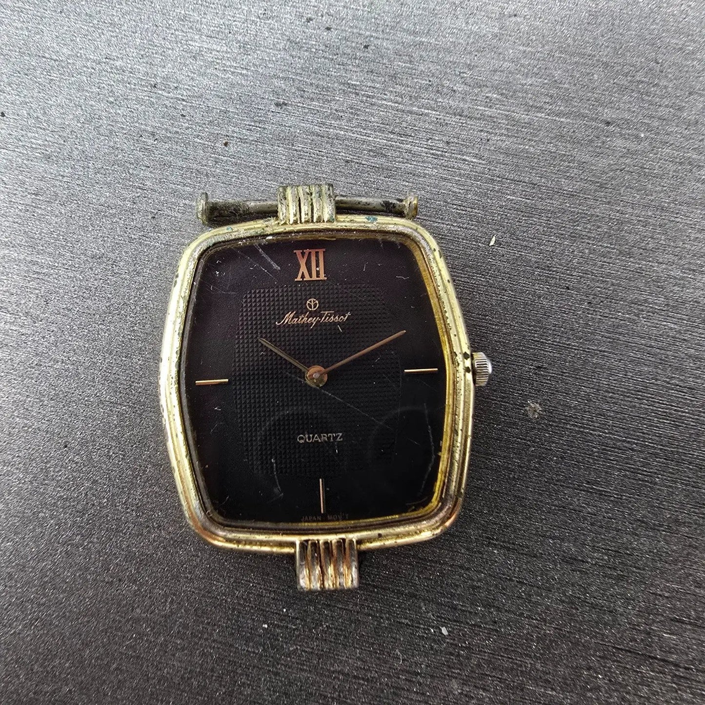 Mathey Tissot Watch Men 27mm Black Dial Gold Tone Hexagon New Battery Vintage0