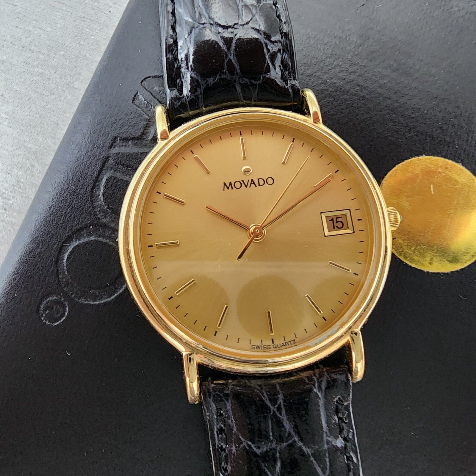 Movado Watch Men 34mm Gold Dial Gold Tone Date Round Leather Box New Battery1